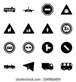 Solid vector icon set - airport bus vector, plane, no way road sign, tunnel, abrupt turn right, children, intersection, limited height, overtake, only forward, detour, cabrio, paper, truck toy