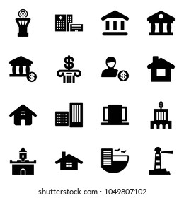 Solid vector icon set - airport tower vector, hospital building, bank, account, home, doors, sand fort, hotel, lighthouse