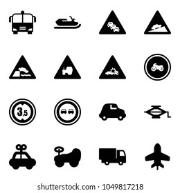 Solid vector icon set - airport bus vector, snowmobile, multi lane traffic road sign, climb, embankment, tractor way, car crash, motorcycle, limited height, overtake, jack, toy, baby, truck, plane