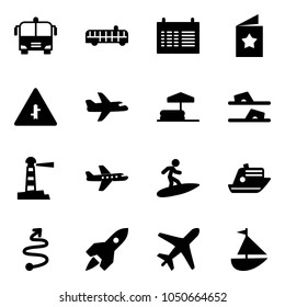 Solid vector icon set - airport bus vector, schedule, star postcard, intersection road sign, plane, inflatable pool, flip flops, lighthouse, surfing, cruiser, trip, rocket, sailboat toy
