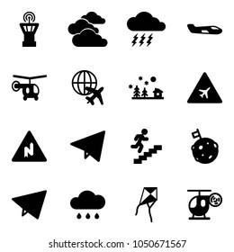 Solid vector icon set - airport tower vector, clouds, storm, small plane, helicopter, globe, christmas landscape, road sign, abrupt turn right, paper fly, career, moon flag, rain cloud, kite, toy