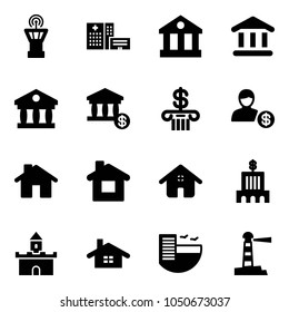 Solid vector icon set - airport tower vector, hospital building, bank, account, home, sand fort, hotel, lighthouse