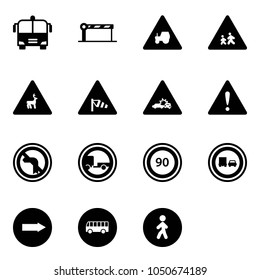 Solid vector icon set - airport bus vector, barrier, tractor way road sign, children, wild animals, side wind, car crash, attention, no left turn, trailer, speed limit 90, truck overtake, only right