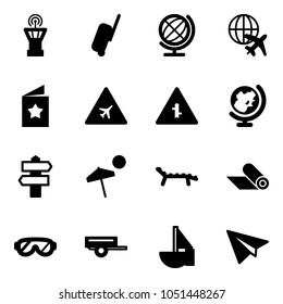 Solid vector icon set - airport tower vector, suitcase, globe, plane, star postcard, road sign, intersection, signpost, beach, lounger, mat, protective glasses, trailer, sailboat toy, paper