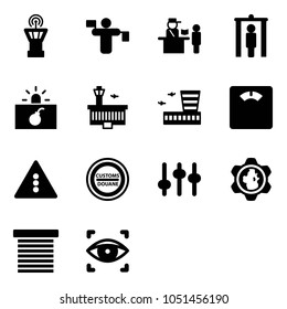 Solid vector icon set - airport tower vector, traffic controller, passport control, metal detector gate, terrorism, building, floor scales, light road sign, customs, settings, gear globe, jalousie