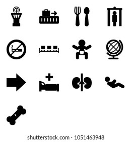 Solid Vector Icon Set - Airport Tower Vector, Baggage, Spoon And Fork, Metal Detector Gate, No Smoking Sign, Waiting Area, Baby, Globe, Right Arrow, Hospital Bed, Kidneys, Abdominal Muscles