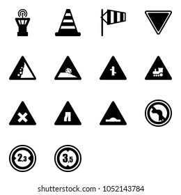 Solid vector icon set - airport tower vector, road cone, side wind, giving way sign, landslide, steep roadside, intersection, railway, narrows, artificial unevenness, no left turn, limited width