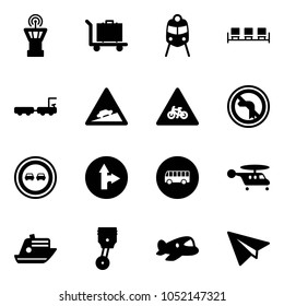 Solid vector icon set - airport tower vector, baggage, train, waiting area, truck, climb road sign, for moto, no left turn, overtake, only forward right, bus, helicopter, cruiser, piston, plane toy