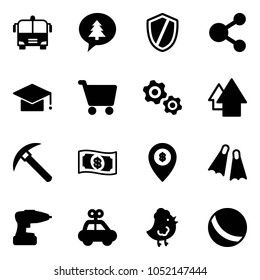 Solid vector icon set - airport bus vector, merry christmas message, shield, share, graduate hat, cart, gears, arrow up, rock axe, money, atm map pin, flippers, drill, car toy, chicken, ball