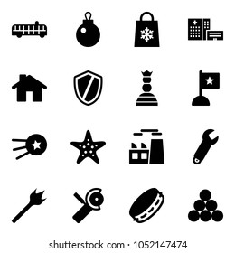Solid vector icon set - airport bus vector, shop bag snowflake, hospital building, home, shield, chess queen, flag, first satellite, starfish, plant, wrench, wood drill, Angular grinder, tambourine