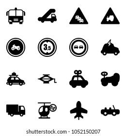 Solid vector icon set - airport bus vector, trap truck, multi lane traffic road sign, tractor way, no moto, limited height, overtake, electric car, baggage, jack, toy, baby, helicopter, plane