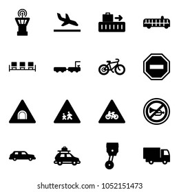 Solid vector icon set - airport tower vector, arrival, baggage, bus, waiting area, truck, bike, no way road sign, tunnel, children, for moto, horn, limousine, car, piston, toy