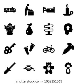 Solid vector icon set - airport bus vector, baby room, hotel, candle, angel, pear, road signpost sign, head bulb, key, feet, bike, screw, clinch, jack, bear toy, beanbag