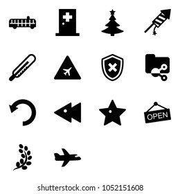 Solid vector icon set - airport bus vector, first aid room, christmas tree, firework rocket, thermometer, road sign, shield cross, shared folder, undo, fast backward, star, open, golden branch