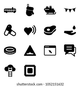 Solid vector icon set - airport bus vector, christmas glove, santa sleigh, flag garland, pills, heart beat, meat, drop hand, coin, artificial unevenness road sign, cursor browser, chat, cloud ladder