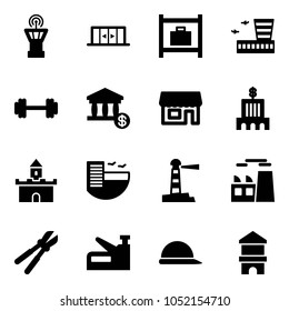 Solid vector icon set - airport tower vector, automatic doors, baggage room, building, barbell, account, store, bank, sand fort, hotel, lighthouse, plant, bolt cutter, stapler, construction helmet