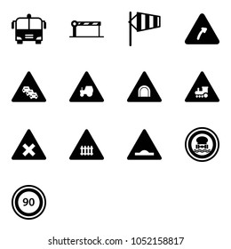 Solid vector icon set - airport bus vector, barrier, side wind, turn right road sign, multi lane traffic, tractor way, tunnel, railway intersection, artificial unevenness, no dangerous cargo