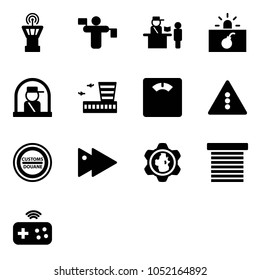 Solid vector icon set - airport tower vector, traffic controller, passport control, terrorism, officer window, building, floor scales, light road sign, customs, fast forward, gear globe, jalousie