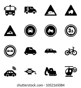 Solid vector icon set - airport bus vector, encashment car, climb road sign, tractor way, crash, no, moto, limited height, overtake, limousine, bike, wireless, jack, excavator toy, helicopter