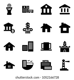 Solid vector icon set - airport tower vector, hospital building, bank, account, home, doors, sand fort, hotel, sea, lighthouse