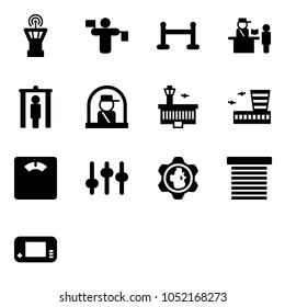 Solid vector icon set - airport tower vector, traffic controller, vip zone, passport control, metal detector gate, officer window, building, floor scales, settings, gear globe, jalousie
