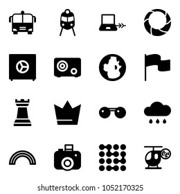 Solid vector icon set - airport bus vector, train, notebook connect, christmas wreath, safe, globe, flag, chess tower, crown, sunglasses, rain cloud, rainbow, camera, circuit, helicopter toy