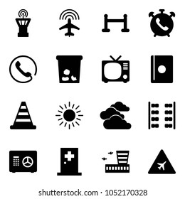 Solid vector icon set - airport tower vector, plane radar, vip zone, phone alarm, trash, tv, passport, road cone, sun, clouds, seats, safe, first aid room, building, sign