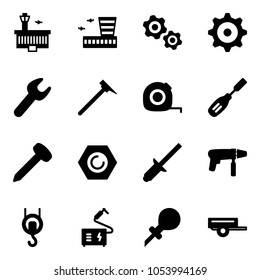Solid vector icon set - airport building vector, gears, gear, wrench, mason hammer, measuring tape, chisel, nail, nut, clinch, drill machine, winch, welding, oiler, trailer