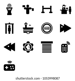 Solid vector icon set - airport tower vector, traffic controller, vip zone, passport control, metal detector gate, building, customs road sign, fast forward, backward, gear globe, jalousie, remote