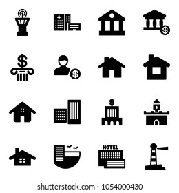 Solid vector icon set - airport tower vector, hospital building, bank, account, home, sand fort, hotel, sea, lighthouse