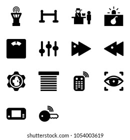 Solid vector icon set - airport tower vector, vip zone, passport control, terrorism, floor scales, settings, fast forward, backward, gear globe, jalousie, remote, eye scanner, game console