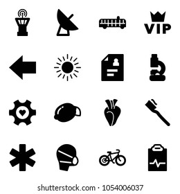 Solid vector icon set - airport tower vector, satellite antenna, bus, vip, left arrow, sun, patient card, lab, heart gear, lemon, tooth brush, ambulance star, medical mask, bike, pulse clipboard