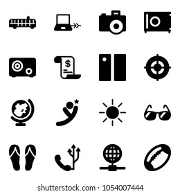 Solid vector icon set - airport bus vector, notebook connect, camera, safe, account history, pause, target, globe, flying man, sun, sunglasses, flip flops, phone, football