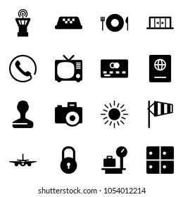 Solid vector icon set - airport tower vector, taxi, plate spoon fork, automatic doors, phone, tv, credit card, passport, stamp, camera, sun, side wind, plane, lock, baggage scales, room