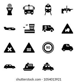 Solid vector icon set - airport tower vector, bus, train, boarding passengers, small plane, building, encashment car, tractor way road sign, railway intersection, speed limit 90, limousine, cruiser