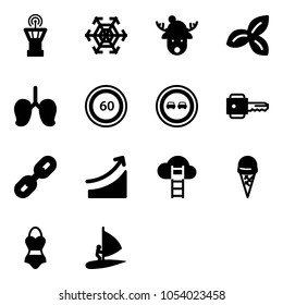 Solid vector icon set - airport tower vector, snowflake, christmas deer hat, three leafs, lungs, speed limit 60 road sign, no overtake, key, link, rise, cloud ladder, ice cream, swimsuit