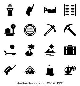 Solid vector icon set - airport tower vector, suitcase, hotel, plane seats, baggage scales, customs road sign, job, rock axe, lounger, palm, pyramid, tent, sand castle, helicopter toy