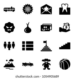 Solid vector icon set - airport bus vector, firework, star letter, tooth, virus, onion, credit card, investment, group, menu, pyramid flag, stairs, mountains, cabrio, doll, basketball