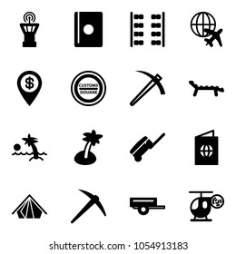 Solid vector icon set - airport tower vector, passport, plane seats, globe, dollar pin, customs road sign, job, lounger, palm, suitcase, tent, axe, trailer, helicopter toy
