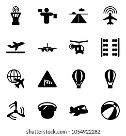 Solid vector icon set - airport tower vector, traffic controller, runway, plane radar, departure, helicopter, seats, globe, side wind road sign, air balloon, mill, protect glass, toy, beach ball