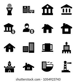 Solid vector icon set - airport tower vector, hospital building, bank, account, home, doors, sand fort, hotel, lighthouse
