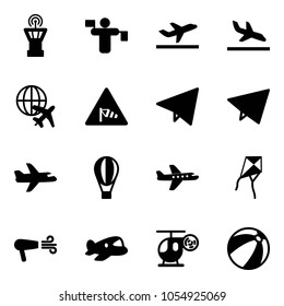 Solid vector icon set - airport tower vector, traffic controller, departure, arrival, plane globe, side wind road sign, paper fly, air balloon, kite, dryer, toy, helicopter, beach ball