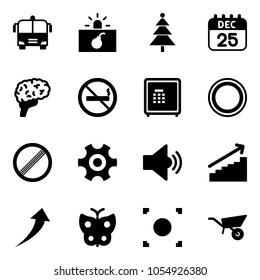 Solid vector icon set - airport bus vector, terrorism, christmas tree, 25 dec calendar, brain, no smoking sign, safe, prohibition road, limit, gear, volume medium, growth, butterfly, record button