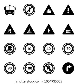 Solid vector icon set - airport bus vector, no parking odd, tunnel road sign, traffic light, slippery, pedestrian, intersection, railway, dangerous cargo, speed limit 10, 40, 70, 90, 100, turn back