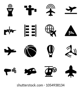 Solid vector icon set - airport tower vector, traffic controller, plane radar, departure, boarding passengers, seats, globe, side wind road sign, ball, air balloon, mill, dryer, toy, helicopter