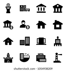 Solid vector icon set - airport tower vector, hospital building, bank, account, home, doors, sand fort, hotel, sea, lighthouse
