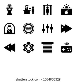 Solid vector icon set - airport tower vector, passport control, metal detector gate, terrorism, officer window, customs road sign, settings, fast forward, backward, gear globe, jalousie