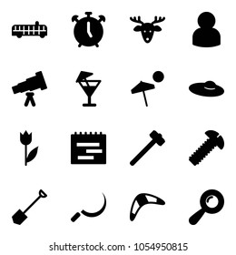 Solid vector icon set - airport bus vector, alarm clock, christmas deer, user, telescope, drink, beach, woman hat, tulip, terms plan, sledgehammer, screw, shovel, sickle, boomerang, beanbag