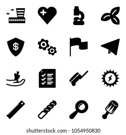 Solid vector icon set - airport building vector, heart, lab, three leafs, safe, gears, flag, paper fly, hand sproute, list, suitcase, sun power, ruler, drill, beanbag
