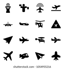 Solid vector icon set - airport tower vector, traffic controller, plane radar, departure, small, helicopter, road sign, paper, toy